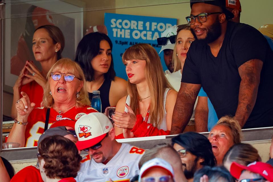 Taylor Swift watches a regular season game between the Kansas City Chiefs and the Chicago Bears with Donna Kelce, mother of Kansas City Chiefs tight end Travis Kelce