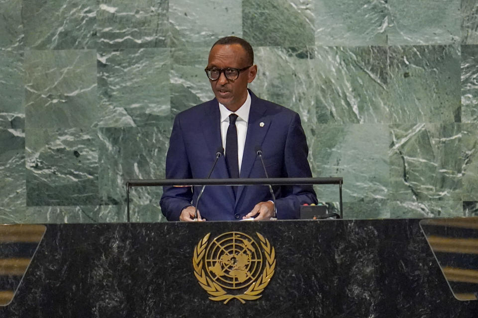 President of Rwanda Paul Kagame addresses the 77th session of the United Nations General Assembly, Wednesday, Sept. 21, 2022 at U.N. headquarters. (AP Photo/Mary Altaffer)