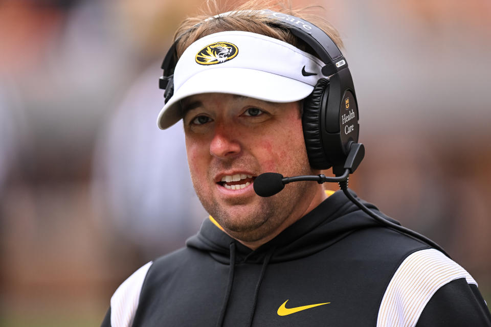 KNOXVILLE, TN - NOVEMBER 12: Missouri Tigers head coach Eliah Drinkwitz coaches during the college football game between the Tennessee Volunteers and the Missouri Tigers on November 12, 2022, at Neyland Stadium, in Knoxville, TN. (Photo by Bryan Lynn/Icon Sportswire via Getty Images)