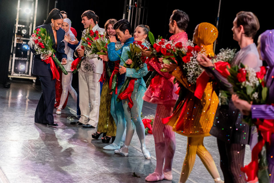 Solange, Alejandro Gómez Palomo, Gianna Reisen, and the dancers of the New York City Ballet take a bow after the world premiere of “Play Time” at New York City Ballet’s 2022 Fall Fashion Gala at Lincoln Center Plaza on September 28, 2022 in New York City.