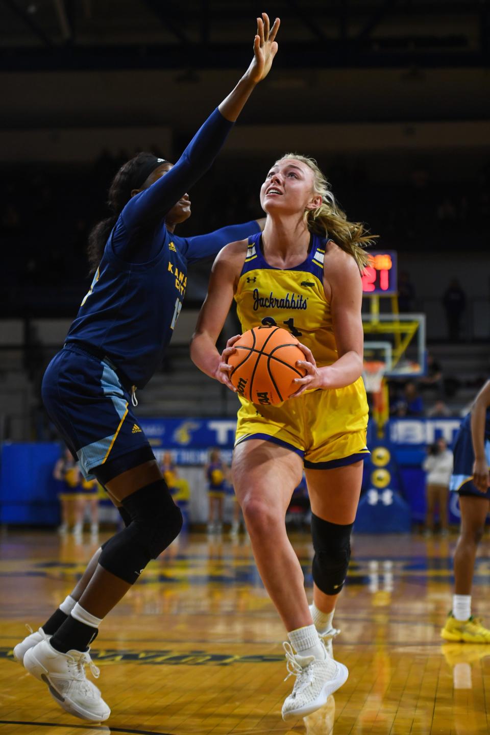 SDSU forward Brooklyn Meyer (31) shoots the ball on Thursday, Feb. 15, 2024 at Frost Arena in Brookings.