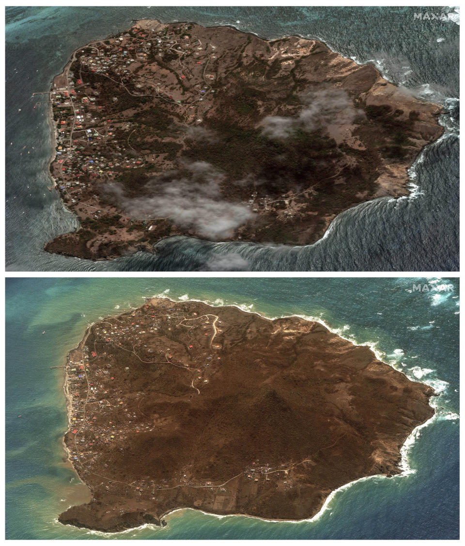 This combination of satellite images provided by MaxarTechnologies shows views of the Caribbean island Martinique, Grenada, on May 8, 2023, top, and bottom on July 2, 2024, after Hurricane Beryl made landfall across multiple islands. (Satellite image ©2024 Maxar Technologies via AP)