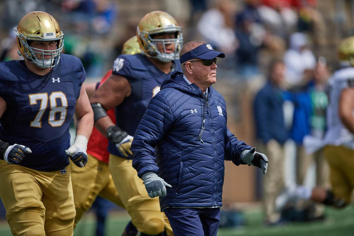 SOUTH BEND, IN - APRIL 13: Notre Dame Fighting Irish head coach Brian Kelly looks on in action during the Notre Dame Football Blue and Gold Spring game on April 13, 2019 at Notre Dame Stadium in South Bend, IN. (Photo by Robin Alam/Icon Sportswire via Getty Images)