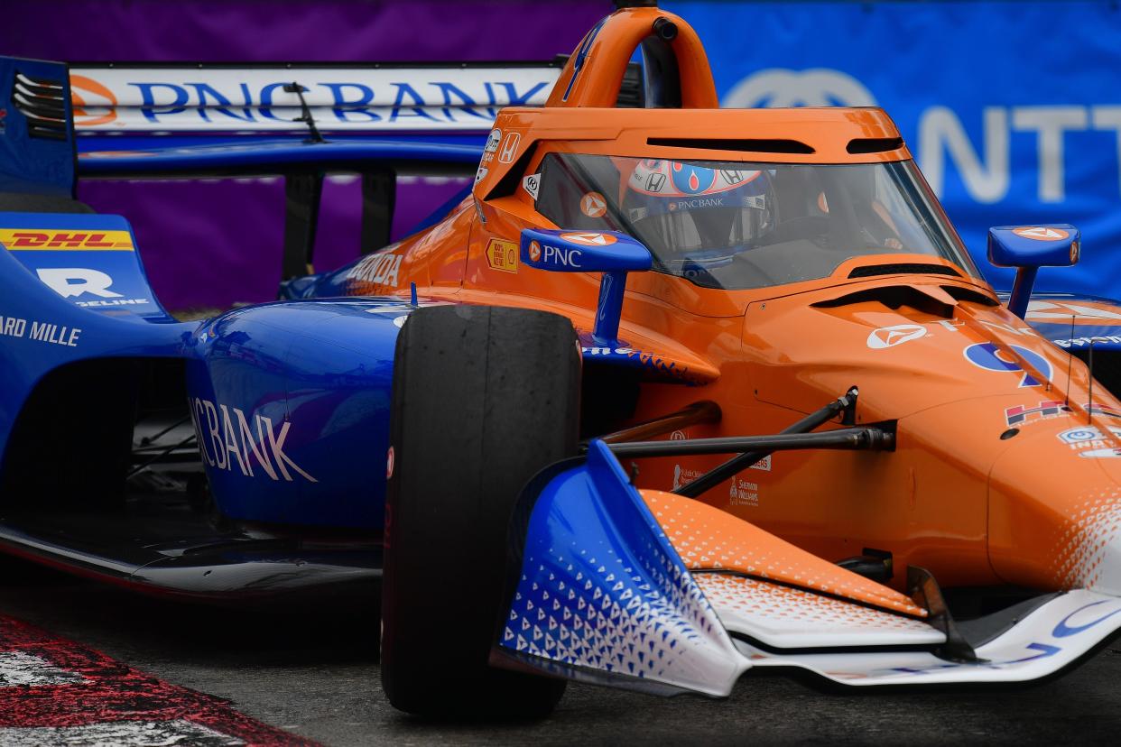 Apr 20, 2024; Long Beach, California, USA; Chip Ganassi Racing driver Scott Dixon (9) of New Zealand during qualifying at Long Beach Street Circuit. Mandatory Credit: Gary A. Vasquez-USA TODAY Sports