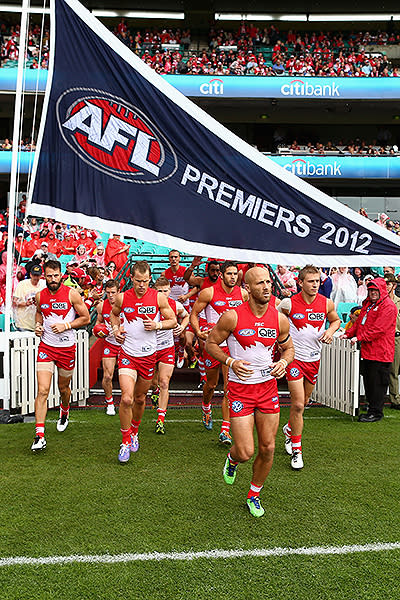 Sydney Swans unveiled their premiership flag ahead of their match against Gold Coast.