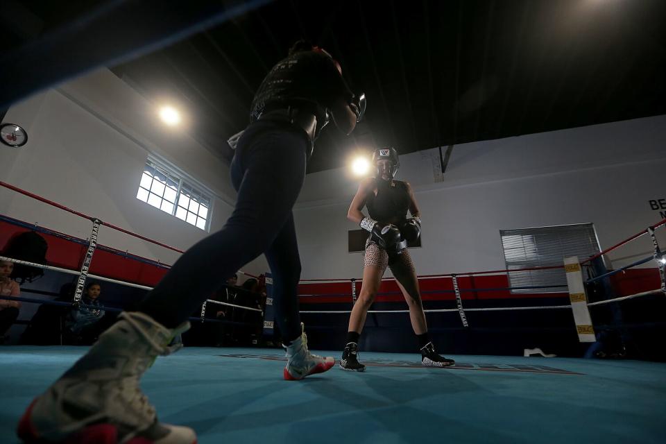 Seniesa Estrada spars at a nondescript gym in Bell Gardens.