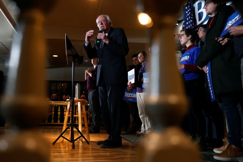 Democratic U.S. presidential candidate Senator Bernie Sanders speaks to supporters at a campaign stop in Plymouth