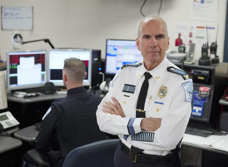 Middletown Police Chief Anthony Pesare is retiring after 14 years as chief. His career also includes 24 years with the State Police and six years as dean of justice studies at Roger Williams University. [PETER SILVIA PHOTO]