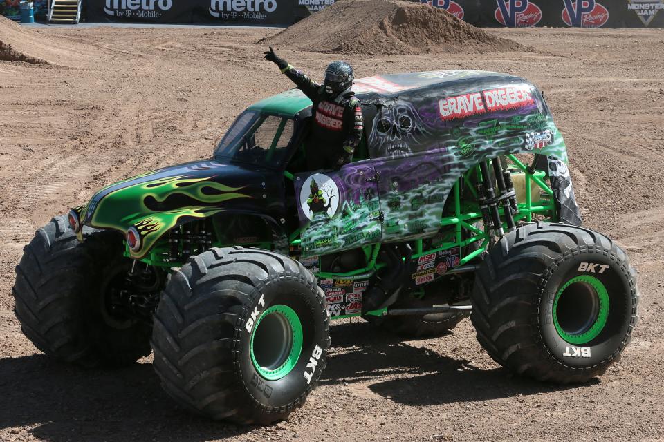 Adam Anderson emerges from his Grave Digger monster truck in 2019 after a demonstration in the Sun Bowl.
