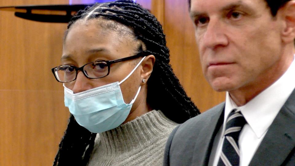 Monique Moore is shown with her attorney Michael Chazen during her trial Tuesday, March 15, 2022, in State Superior Court in Freehold.   Moore is on trial before Judge Jill O'Malley for the 2016 stabbing murder in Neptune of Joseph Wilson, Jr. 