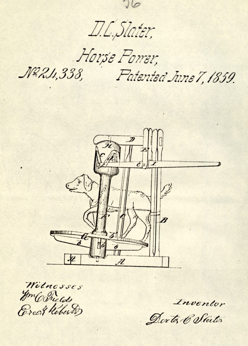 Dexter C Slater’s patented dog-power machine, patent no. 24338. The dog walks around a turning disc to provide enough power to operate a range of small machinery. - Image: M J Rivise Patent Collection (Getty Images)