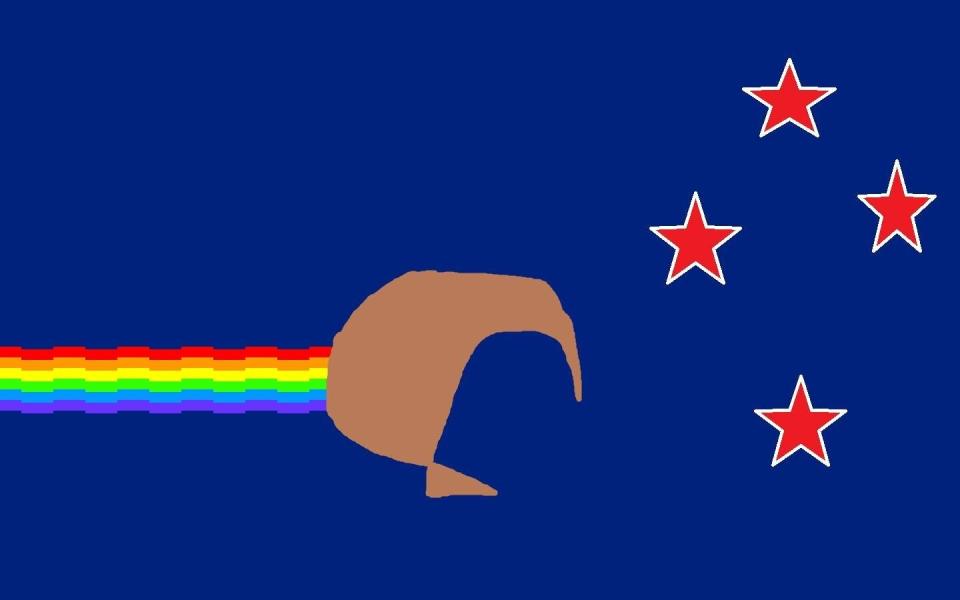 <blockquote>This flag combines the Southern Cross and colour scheme of our existing flag, with the rainbow design of the popular Nyan Cat meme. This design uses the Nyan Kiwi. The kiwi's colour represents our mixed race society, and its trail represents the colourful variety of cultures present in New Zealand society. The Nyan theme music could also be used as fresh, and simpler, national anthem.</blockquote>  Designed by: Fosh from Wellington