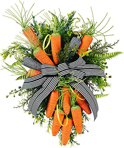 Easter Wreaths for Front Door, Easter Carrot Wreath with Large Striped Bow, Easter Spring Garland Decor for Indoor Outdoor Door Window Porch Decor