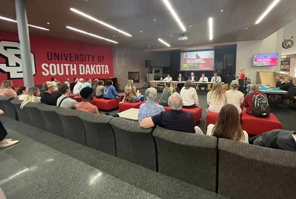 More than three dozen students and community members listen to a sexual assault prevention panel in the Muenster University Center Pit Lounge at the University of South Dakota on Thursday, Sept. 28, 2023. The panel followed reports of five sexual assaults on or near campus since classes began Aug. 21.