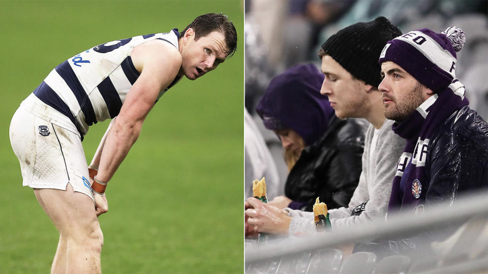 Patrick Dangerfield (pictured left) looking exhausted and some fans (pictured right) watching on in wet conditions.