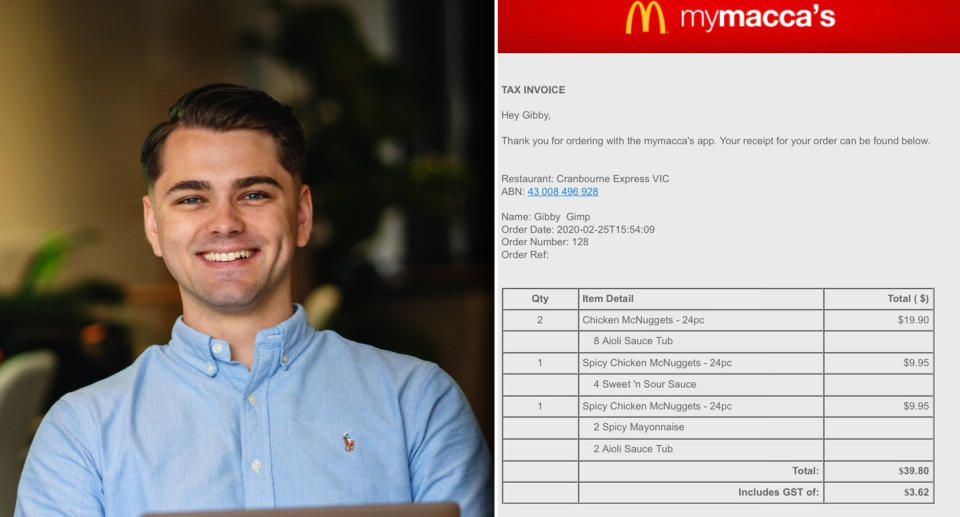 25-year-old Freddie Fletcher (left) and the mymaccas receipt from a McDonald&#39;s store in Victoria (right)