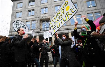 Greenpeace activists throw coal in the air during a protest in front of the Polish Economy Ministry headquarters building against the World Coal Summit and the 19th conference of the United Nations Framework Convention on Climate Change (COP19) in Warsaw November 18, 2013.REUTERS/Adam Stepien/Agencja Gazeta