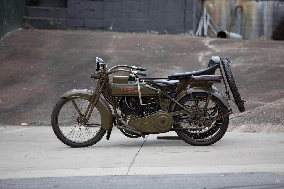 A 1921 Harley-Davidson JD with sidecar that will be auctioned off as part of the Mike Wolfe As Found collection.