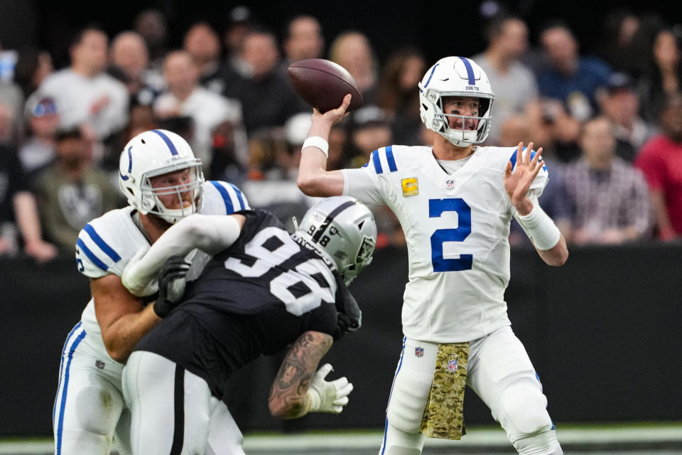Indianapolis Colts quarterback Matt Ryan (2) throws against the Las Vegas Raiders in the first half of an NFL football game in Las Vegas, Sunday, Nov. 13, 2022. (AP Photo/Matt York)