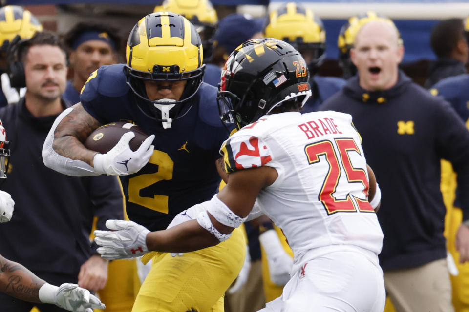 Sep 24, 2022; Ann Arbor, Michigan, USA; Michigan Wolverines running back Blake Corum (2) rushes in the first half against the Maryland Terrapins at Michigan Stadium. Mandatory Credit: Rick Osentoski-USA TODAY Sports