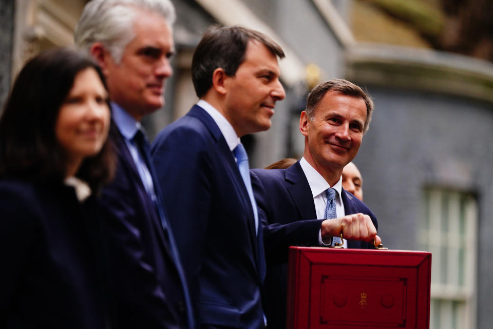 RETRANSMITTED CORRECTING BYLINE Chancellor of the Exchequer Jeremy Hunt leaves 11 Downing Street, London, with his ministerial box and members of his ministerial team before delivering his Budget at the Houses of Parliament. Picture date: Wednesday March 15, 2023. See PA story POLITICS Budget. Photo credit should read: Victoria Jones/PA Wire (Photo by Victoria Jones/PA Images via Getty Images)