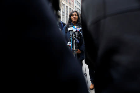 Tamara Lanier speaks to the media about a lawsuit accusing Harvard University of the monetization of photographic images of her great-great-great grandfather, an enslaved African man named Renty, and his daughter Delia, outside of the Harvard Club in New York, U.S., March 20, 2019. REUTERS/Lucas Jackson