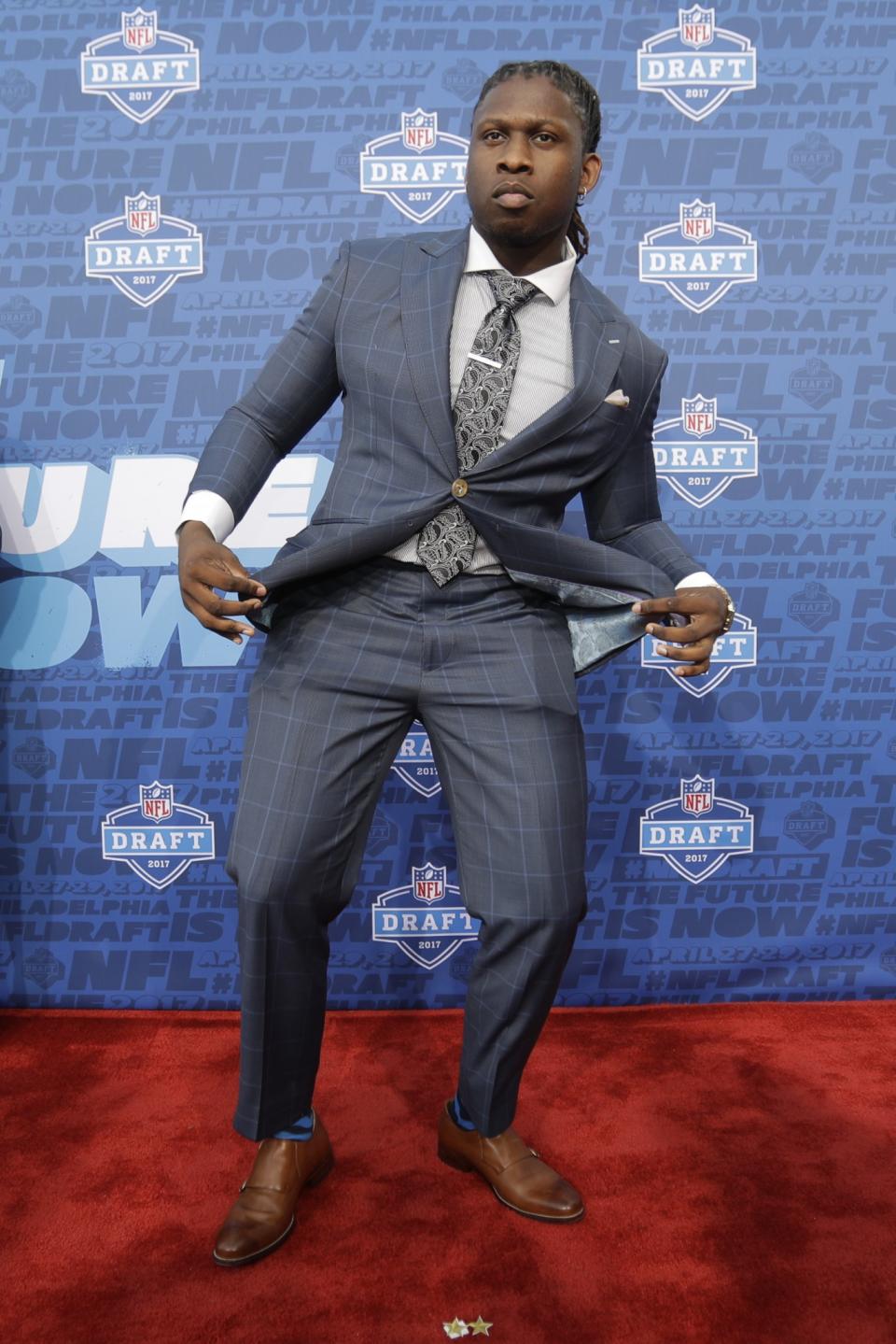 <p>UCLA’s Takkarist McKinley arrives for the first round of the 2017 NFL football draft, Thursday, April 27, 2017, in Philadelphia. (AP Photo/Julio Cortez) </p>