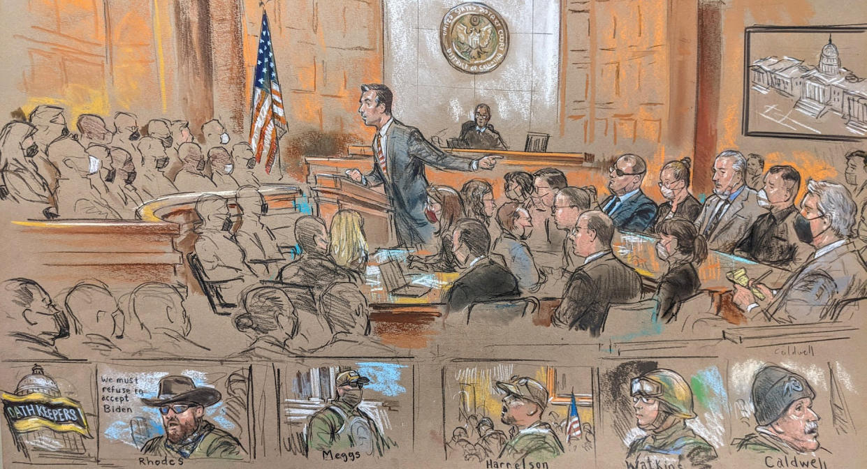 A courtroom sketch of the Oath Keepers trial opening arguments. (Bill Hennessy)