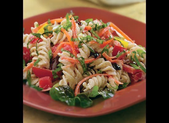 <strong>Get the <a href="http://www.huffingtonpost.com/2011/10/27/garden-pasta-salad_n_1049233.html" target="_hplink">Garden Pasta Salad recipe</a></strong>    Cherry tomatoes, bell pepper, scallion, carrot, black olives and basil add vibrant flavor to this garden-style pasta salad.