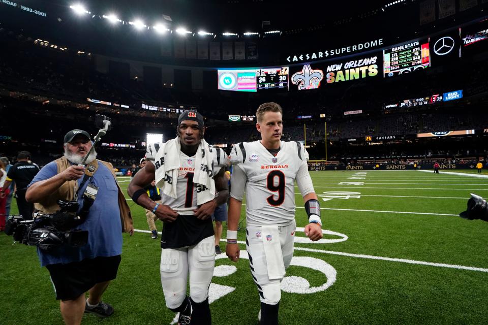 Bengals QB Joe Burrow (9) and WR Ja'Marr Chase had another big game in the Superdome on Sunday.