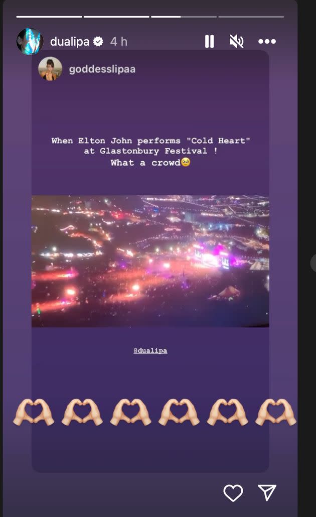 Dua Lipa did acknowledge Elton's Glastonbury set on Instagram