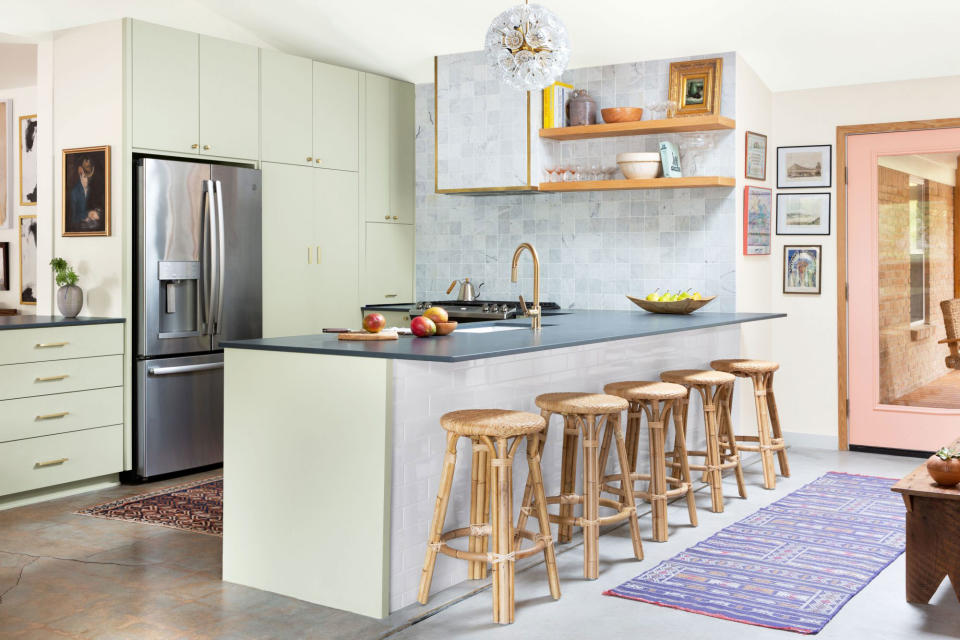 <p>In a petite kitchen like the one in this <a href="https://www.southernliving.com/home/decor/mid-century-home-modern-remodel" rel="nofollow noopener" target="_blank" data-ylk="slk:Austin home;elm:context_link;itc:0;sec:content-canvas" class="link ">Austin home</a>, your cabinets are your walls and deserve extra-special treatment. Designer Shannon Eddings coated hers in Benjamin Moore's <a href="https://www.benjaminmoore.com/en-us/paint-colors/color/506/silver-sage" rel="nofollow noopener" target="_blank" data-ylk="slk:Silver Sage (506);elm:context_link;itc:0;sec:content-canvas" class="link ">Silver Sage (506)</a>. </p>