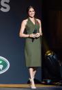 <p>For the emotional speech the 37 year-old wore an olive green <a href="https://www.net-a-porter.com/gb/en/Shop/Designers/Antonio_Berardi/Clothing?cm_mmc=GoogleUK--c-_-NAP_EN_UK_London-_-NAP+-+INTL+-+London+-+Designer_Antonio+Berardi+-+BT--Antonio+Berardi+-+Clothing+-+Dresses-_-%2Bantonio+%2Bberardi+%2Bdress_b_kwd-22851139269_INTL&gclid=EAIaIQobChMIzu_w6bmr3gIVh4jVCh2LbwaFEAAYAiAAEgLIrPD_BwE&gclsrc=aw.ds&pn=1&npp=60&image_view=product&dScroll=0" rel="nofollow noopener" target="_blank" data-ylk="slk:Antonio Berardi;elm:context_link;itc:0;sec:content-canvas" class="link ">Antonio Berardi</a> tuxedo dress and a pair of Aquazzura <a href="https://www.aquazzura.com/en/boutique-online/woman/view-all/pumps/pointy-toe/casablanca-pump-105-powder-pink-suede-leather.html" rel="nofollow noopener" target="_blank" data-ylk="slk:heels;elm:context_link;itc:0;sec:content-canvas" class="link ">heels</a>.</p>