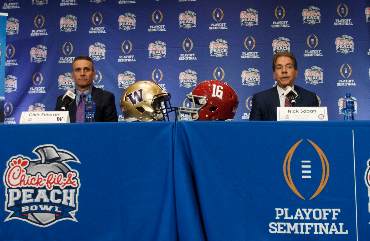 Washington's Chris Petersen and Alabama's Nick Saban. (Courtesy Peach Bowl.)