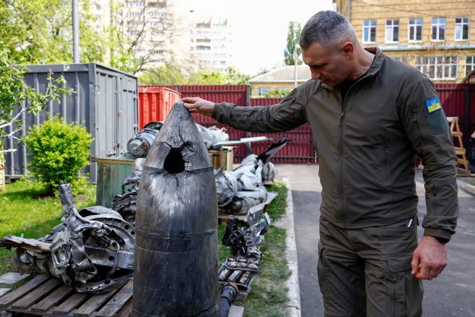 Kyiv Mayor Vitalii Klitschko shows a Kh-47 Kinzhal Russian hypersonic missile warhead, shot down by a Ukrainian Air Defence unit (REUTERS)