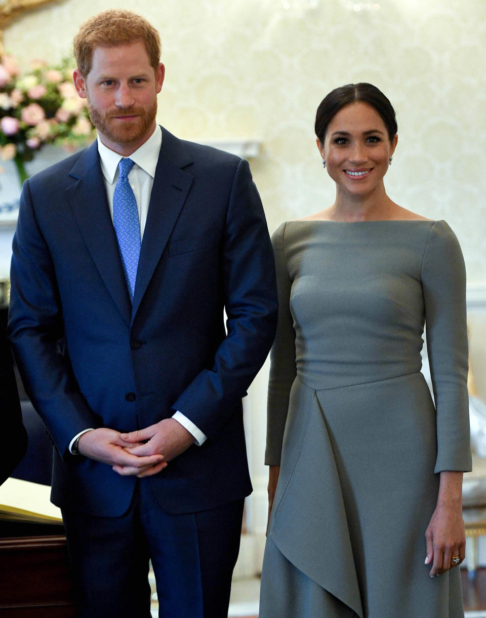 Prince William, Duke of Sussex and Meghan, Duchess of Sussex seen during their visit to Ireland at Aras an Uachtarain on July 11, 2018 in Dublin, Ireland