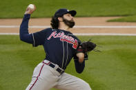 Atlanta Braves starting pitcher Ian Anderson throws during the first inning of the team's baseball game against the New York Yankees, Wednesday, April 21, 2021, at Yankee Stadium in New York. (AP Photo/Kathy Willens)