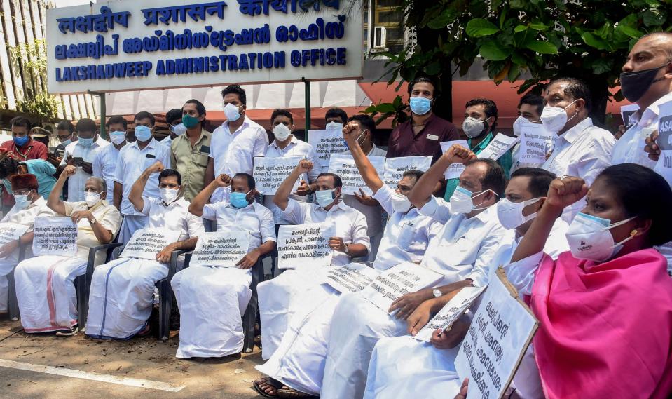 United Democratic Front (UDF) MPs stage a protest demanding withdrawal of the proposed “anti-people laws” by the central government in Lakshadweep islands, outside Lakshadweep Administrator’s Office in Kochi on Monday, 7 June.