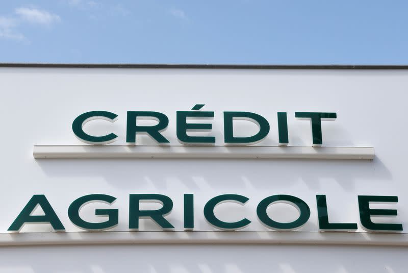 FILE PHOTO: A logo of Credit Agricole is seen outside a bank office in Bordeaux