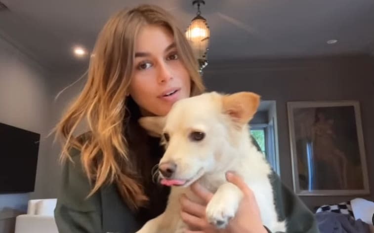 Kaia Gerber n her LA home with her dog milo