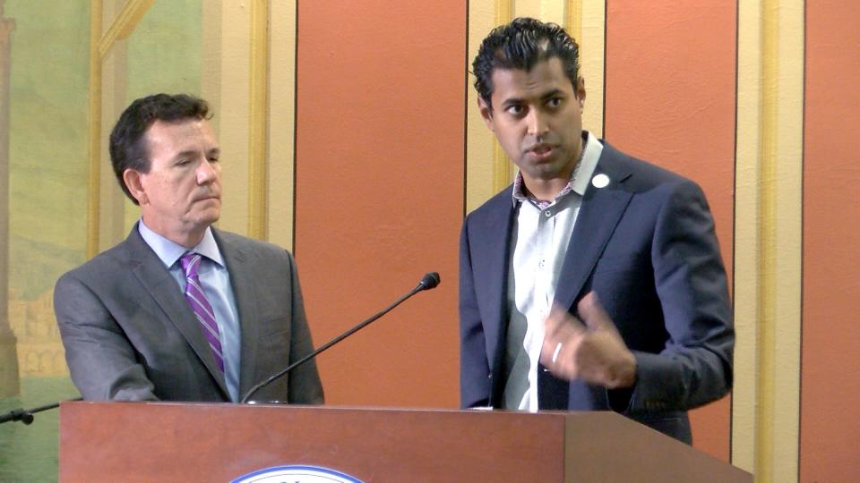 Monmouth County State Senators Declan Oâ€™Scanlon (left) and Vin Gopal speaks during a Shared Services symposium held at Monmouth University in West Long Branch Wednesday, September 25, 2019.