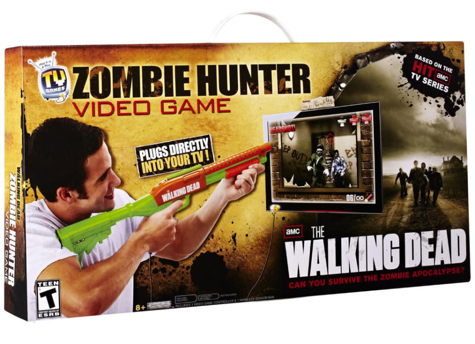 <b>GAMES<br><br>"The Walking Dead" Zombie Hunter Video Game</b><br>Go old-school with this video game, with a rifle that plugs into your TV and lets you start picking off walkers throughout several levels of apocalyptic zombie fun. No software or game console is required, just a healthy supply of AA and AAA batteries.<br><br><a href="http://www.amazon.com/gp/product/B0088AJQ9A/ref=as_li_qf_sp_asin_il_tl?ie=UTF8&camp=1789&creative=9325&creativeASIN=B0088AJQ9A&linkCode=as2&tag=filmsiteorg-20" rel="nofollow noopener" target="_blank" data-ylk="slk:Amazon.com;elm:context_link;itc:0;sec:content-canvas" class="link ">Amazon.com</a>, $64.99<br><br><a href="http://tv.yahoo.com/news/-the-walking-dead--recap--sometimes-the-zombies-aren-t-the-most-dangerous-part-of-a-zombie-apocalypse-063404679.html" data-ylk="slk:Missed the winter finale of 'Walking Dead'? Read our recap;elm:context_link;itc:0;sec:content-canvas;outcm:mb_qualified_link;_E:mb_qualified_link;ct:story;" class="link  yahoo-link">Missed the winter finale of 'Walking Dead'? Read our recap</a>