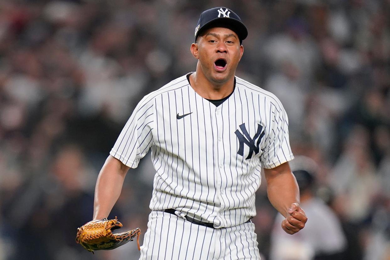 New York Yankees relief pitcher Wandy Peralta reacts after the Yankees defeated the Cleveland Guardians in Game 5 of an American League Division baseball series, Tuesday, Oct. 18, 2022, in New York. (AP Photo/Frank Franklin II)