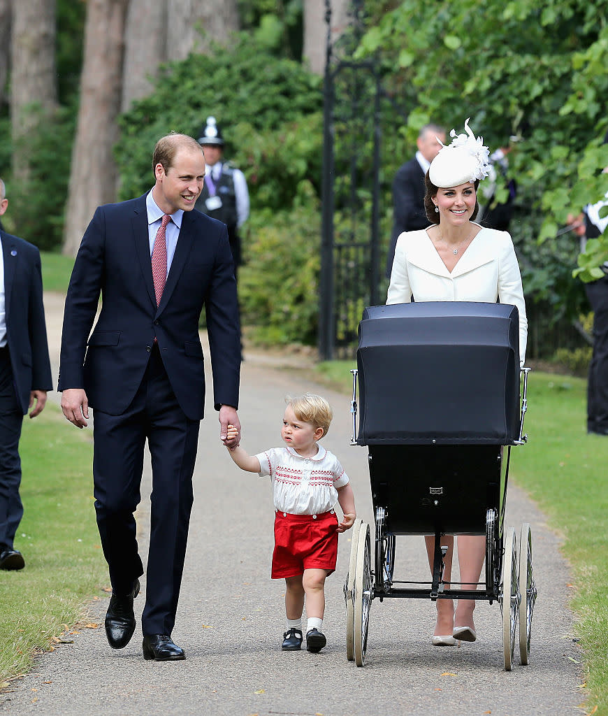 <p>For Princess Charlotte’s christening at St Mary Magdalene on July 5, Prince George wore an £85 smocked <a rel="nofollow noopener" href="https://www.rachelriley.co.uk/product/1093" target="_blank" data-ylk="slk:set;elm:context_link;itc:0;sec:content-canvas" class="link ">set</a> by Rachel Riley. <em>[Photo: Getty]</em> </p>