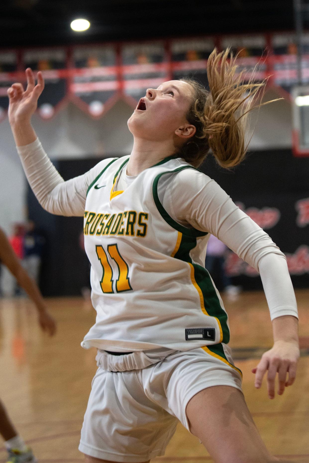 Lansdale Catholic junior Olivia Boccella follows the ball at Archbishop Ryan High School in Philadelphia on Saturday, March 11, 2023. Lansdale Catholic girls basketball defeated Bishop McDevitt in the first round of the PIAA championships, 61-45.