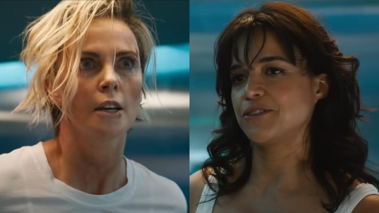  From left to right: Charlize Theron as Cipher looking shocked and Michelle Rodriguez as Letty in Fast X. 