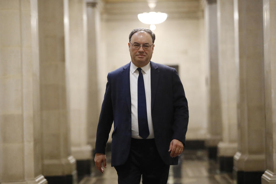 LONDON, ENGLAND - MARCH 16: Bank of England Governor Andrew Bailey poses for a photograph on the first day of his new role at the central bank on March 16, 2020 in London, England. (Photo by  Tolga Akmen - WPA Pool/Getty Images)