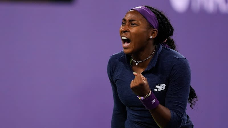 Coco Gauff, of the United States, celebrates a point against Maria Sakkari, of Greece, during a semifinal match at the BNP Paribas Open tennis tournament in Indian Wells, Calif., Friday, March 15, 2024.