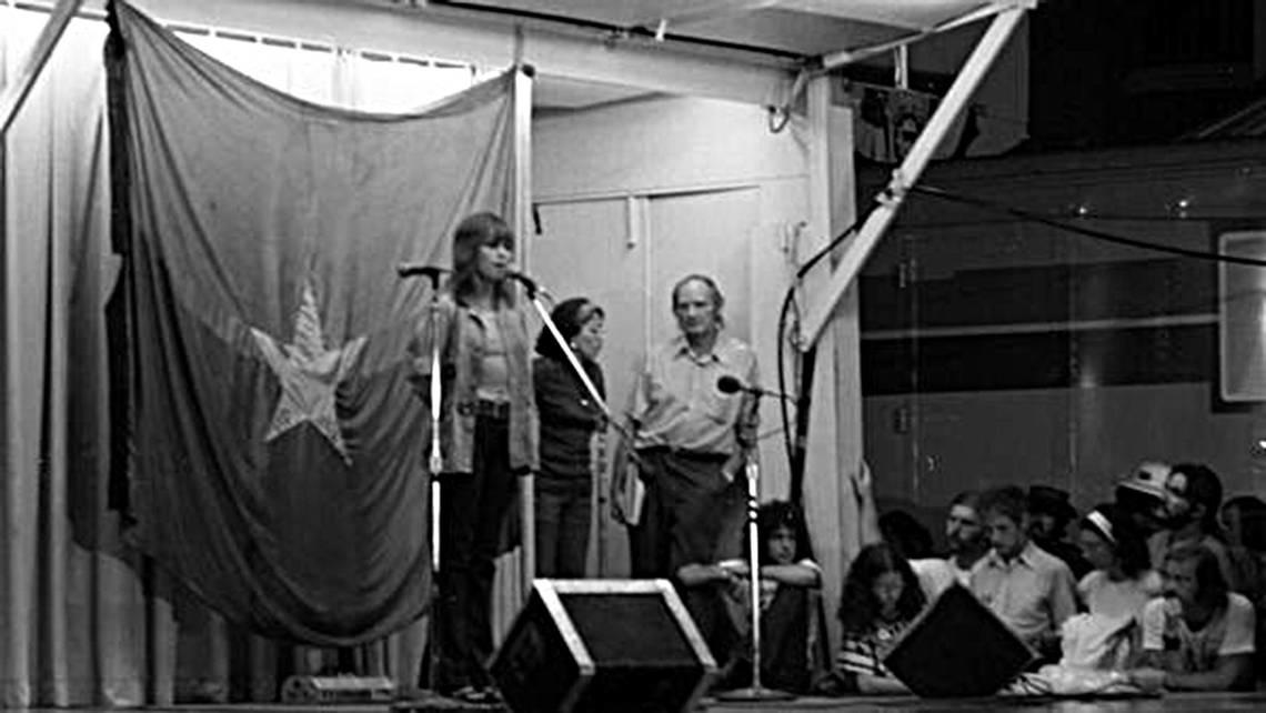 View of Jane Fonda speaking to anti-war demonstrators at a rally in Flamingo Park in Miami Beach during the 1972 GOP Convention.