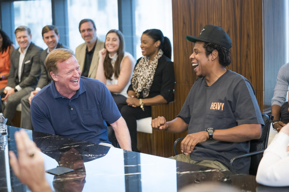 IMAGE DISTRIBUTED FOR NFL - NFL Commissioner Roger Goodell, left, and Jay-Z appear at a news conference at ROC Nation on Wednesday, Aug. 14, 2019 in New York. The NFL and ROC Nation, Jay-Z’s entertainment and sports representation company, announced Tuesday they were teaming up for events and social activism, a deal Jay-Z said had been in the works over the last seven months. (Ben Hider/AP Images for NFL)